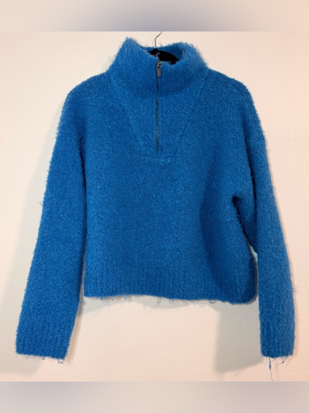 Zara Blue Boucle Part Zip Wool Mix Jumper Size Medium M Sweater